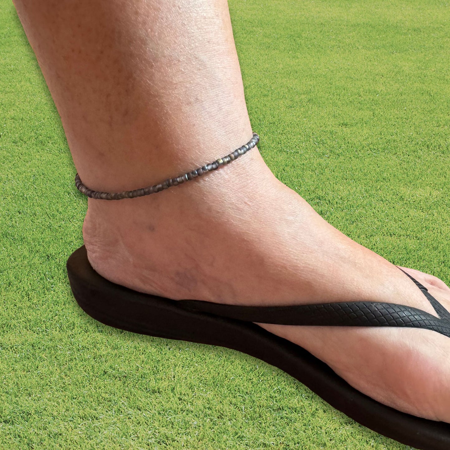 Plus Size Anklet with 3mm Frosted Grey Beads, Adjustable Length