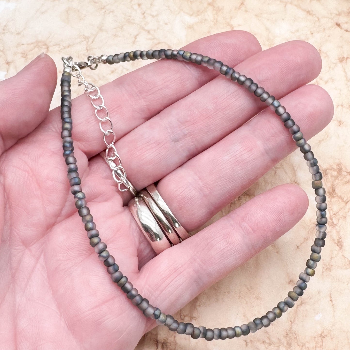 Plus Size Anklet with 3mm Frosted Grey Beads, Adjustable Length