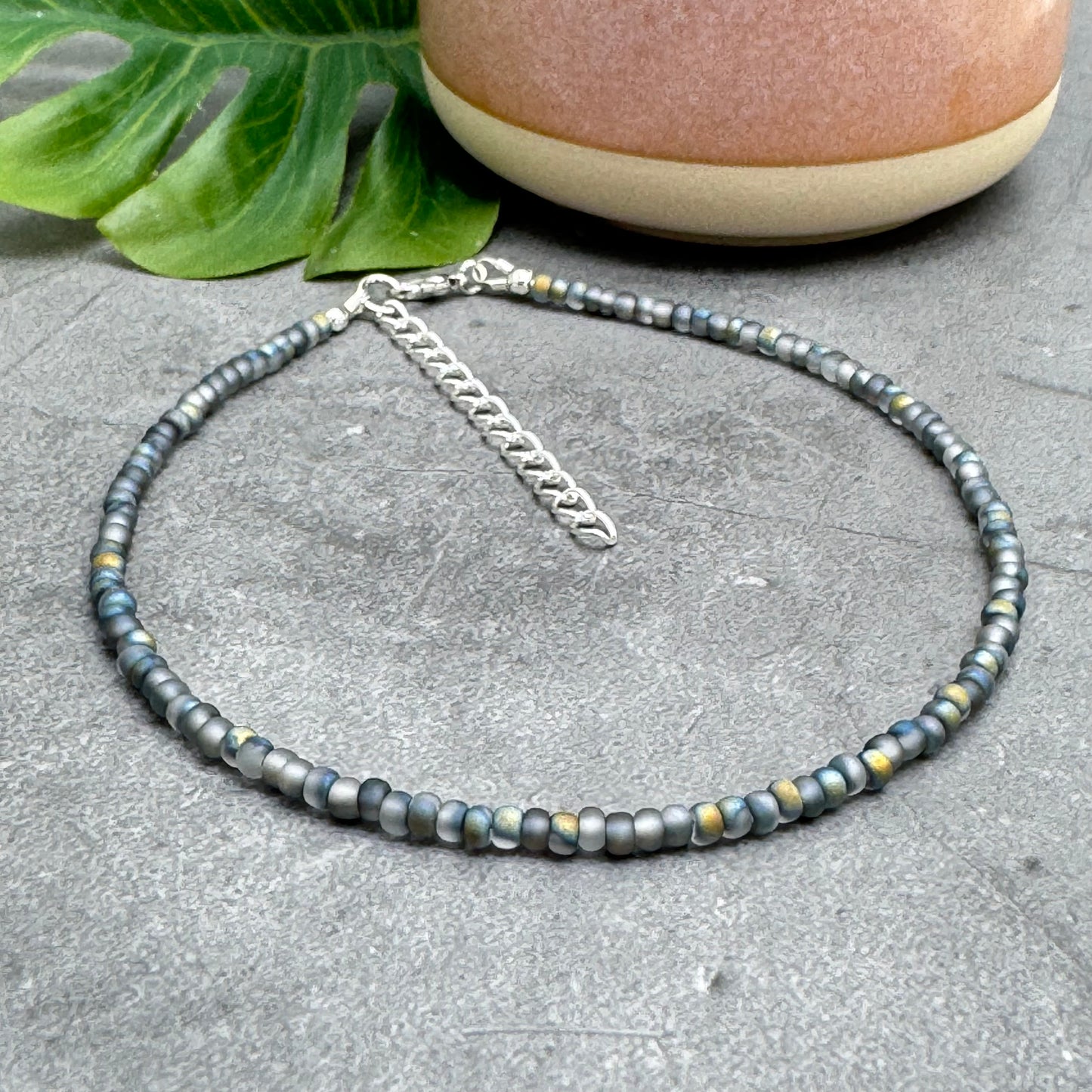 Plus Size Anklet with 3mm Frosted Grey Beads, Adjustable Length