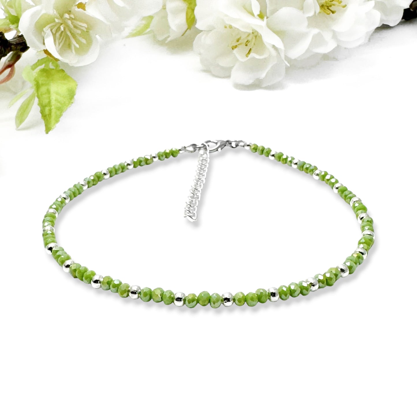 Plus Size Anklet with 3mm Faceted Lime Green Beads, Adjustable
