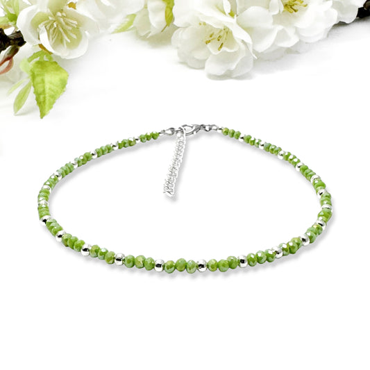 Plus Size Anklet with 3mm Faceted Lime Green Beads, Adjustable