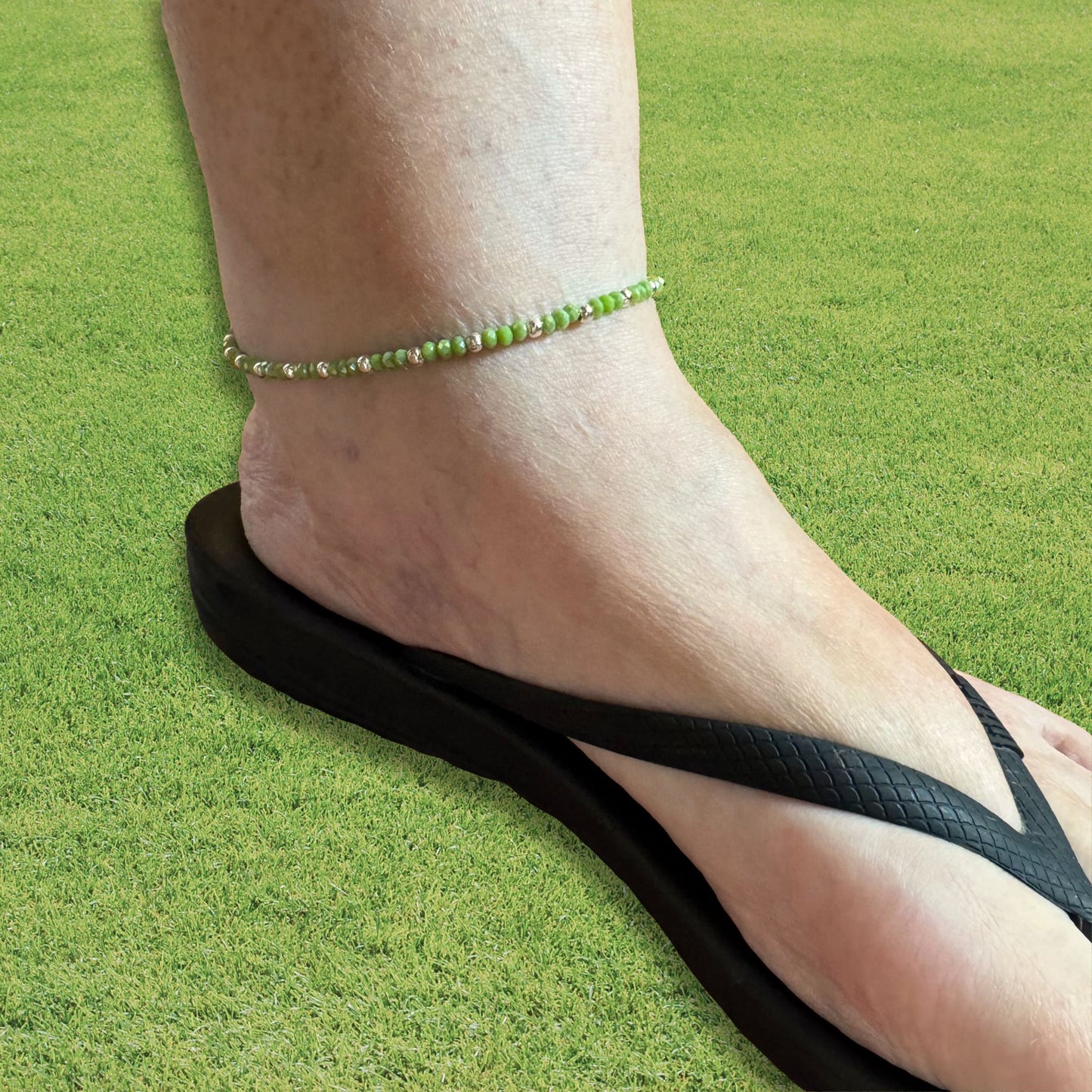 Plus Size Anklet with 3mm Faceted Lime Green Beads, Adjustable