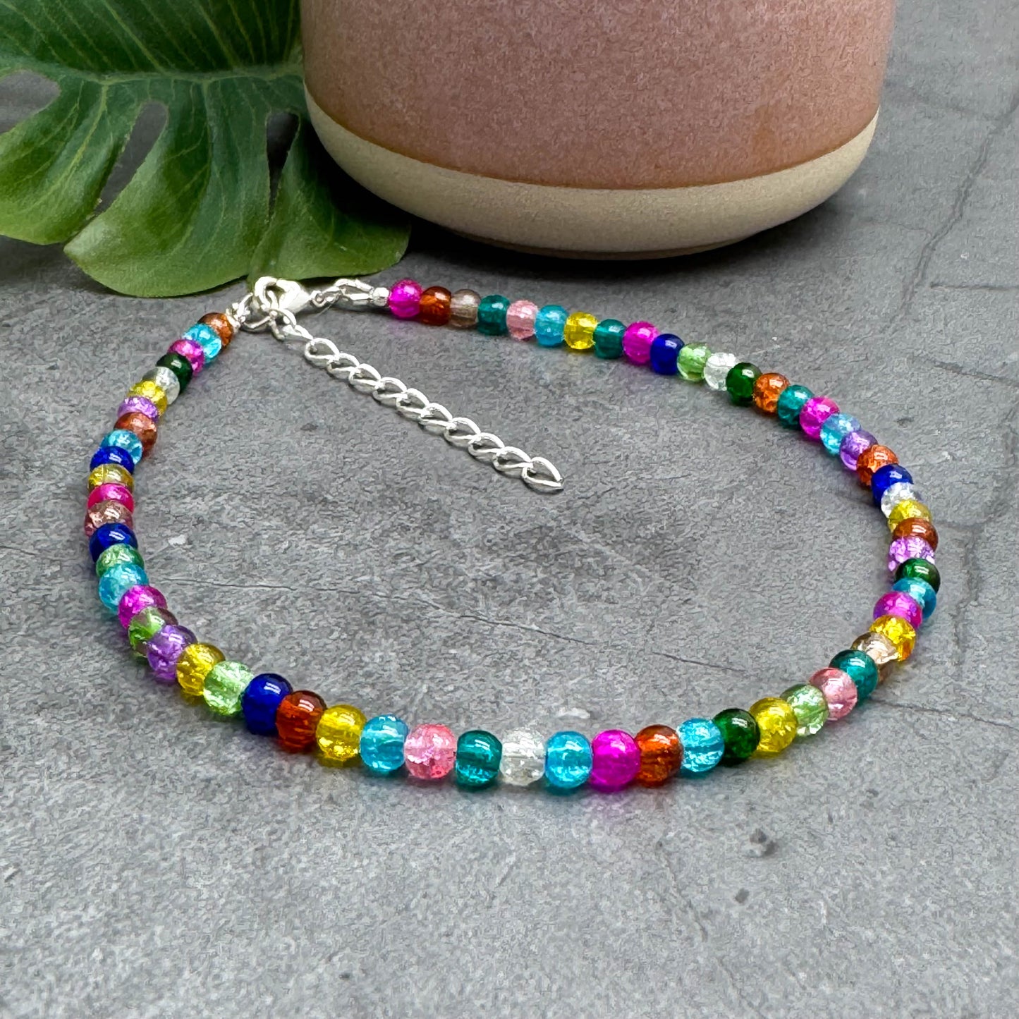 Plus Size Anklet with Multi-Colour Crackle Glass Beads, Adjustable