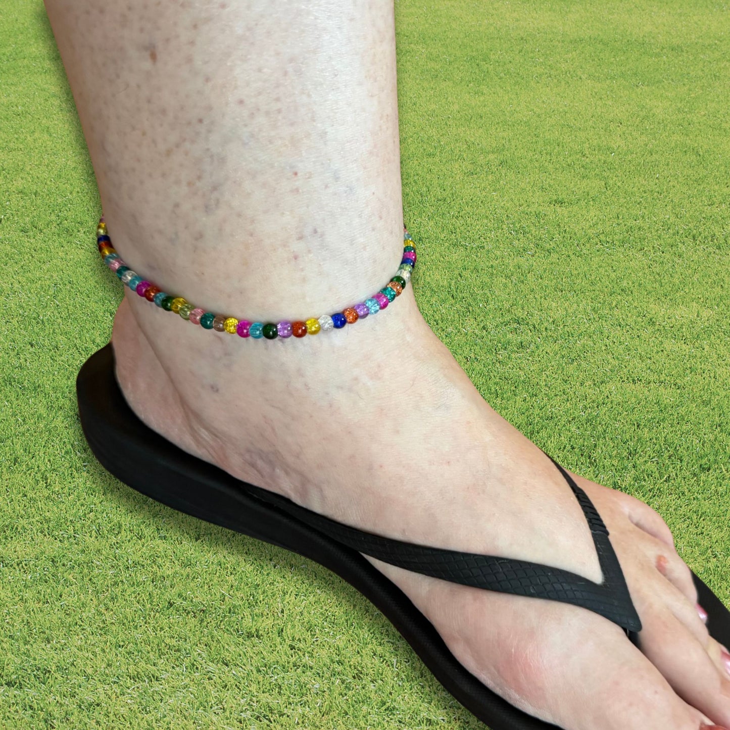 Plus Size Anklet with Multi-Colour Crackle Glass Beads, Adjustable