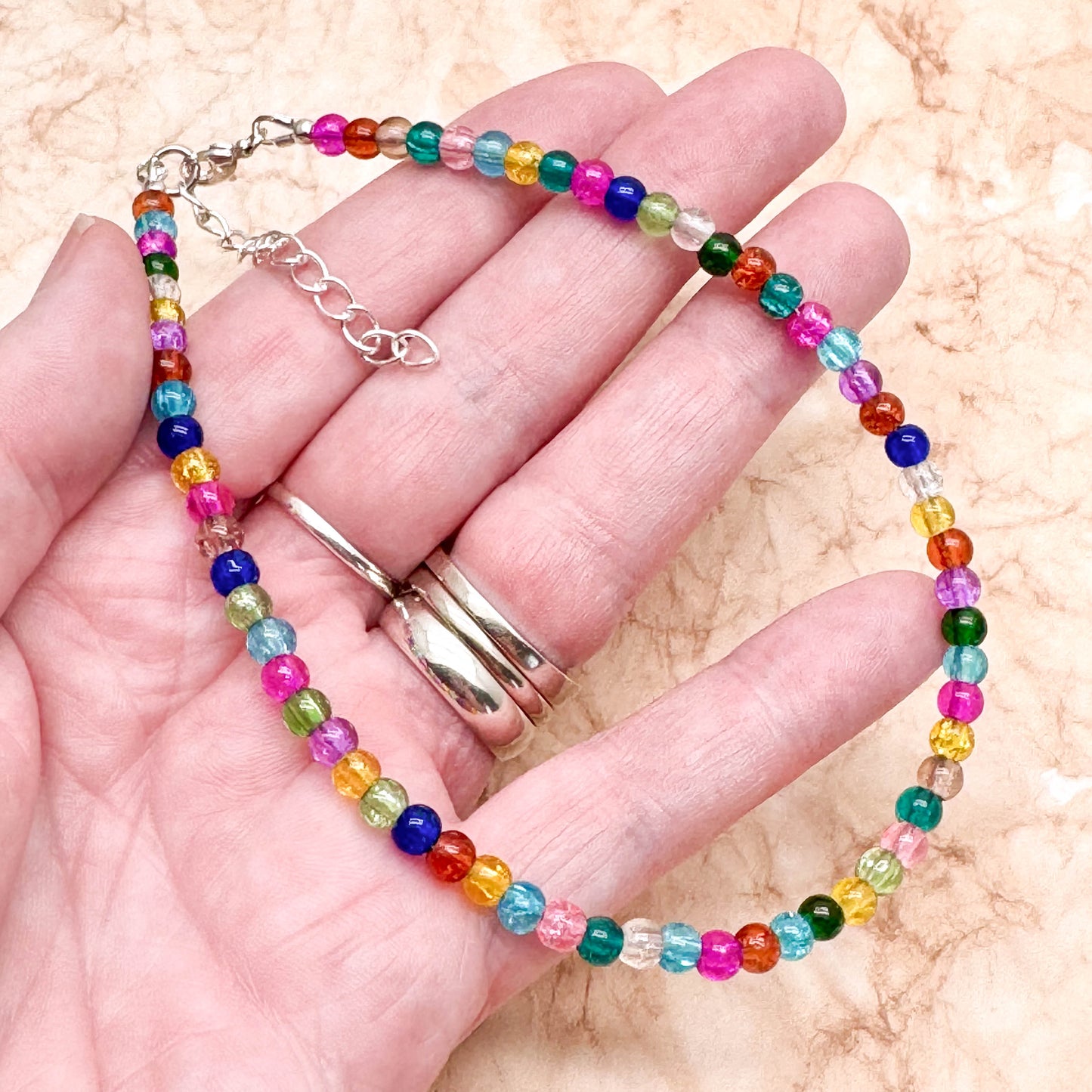 Plus Size Anklet with Multi-Colour Crackle Glass Beads, Adjustable