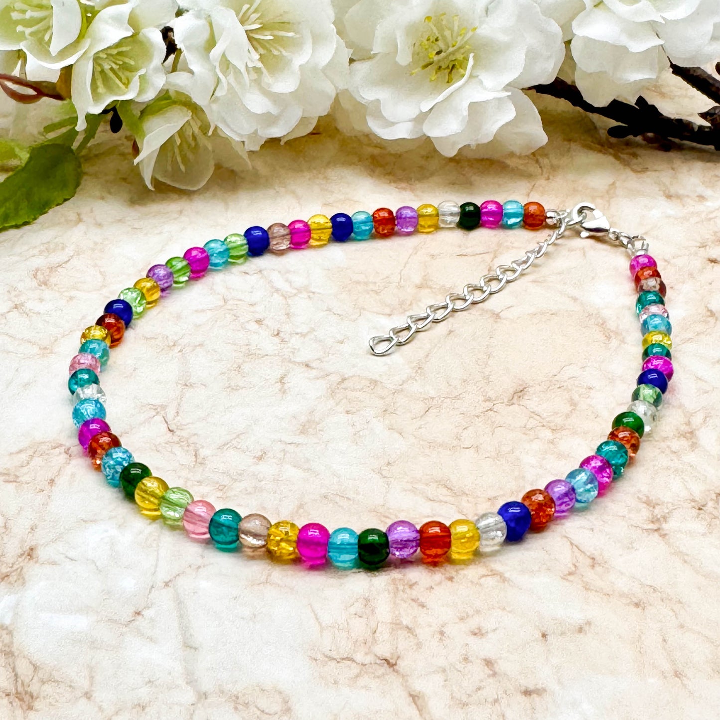 Plus Size Anklet with Multi-Colour Crackle Glass Beads, Adjustable