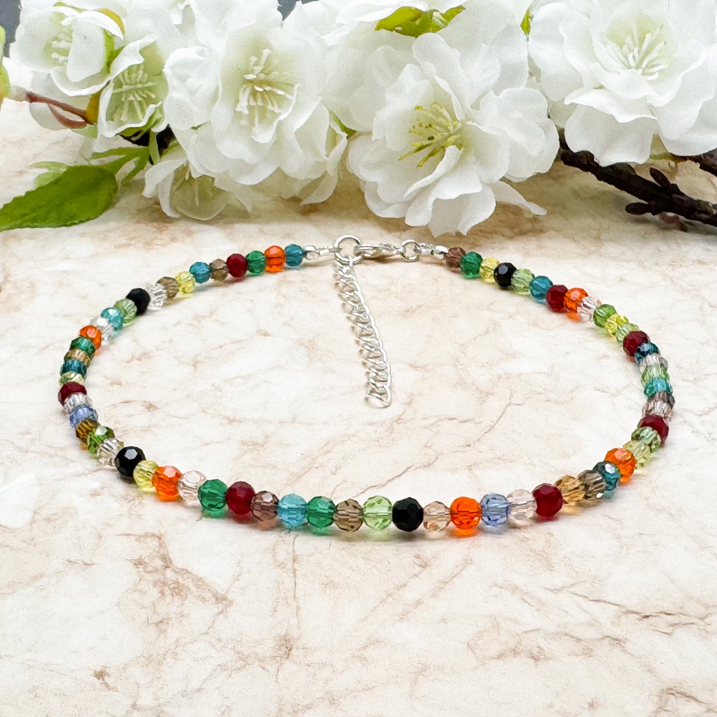 Plus Size Anklet with Multi-Colour Faceted Glass Beads, Adjustable