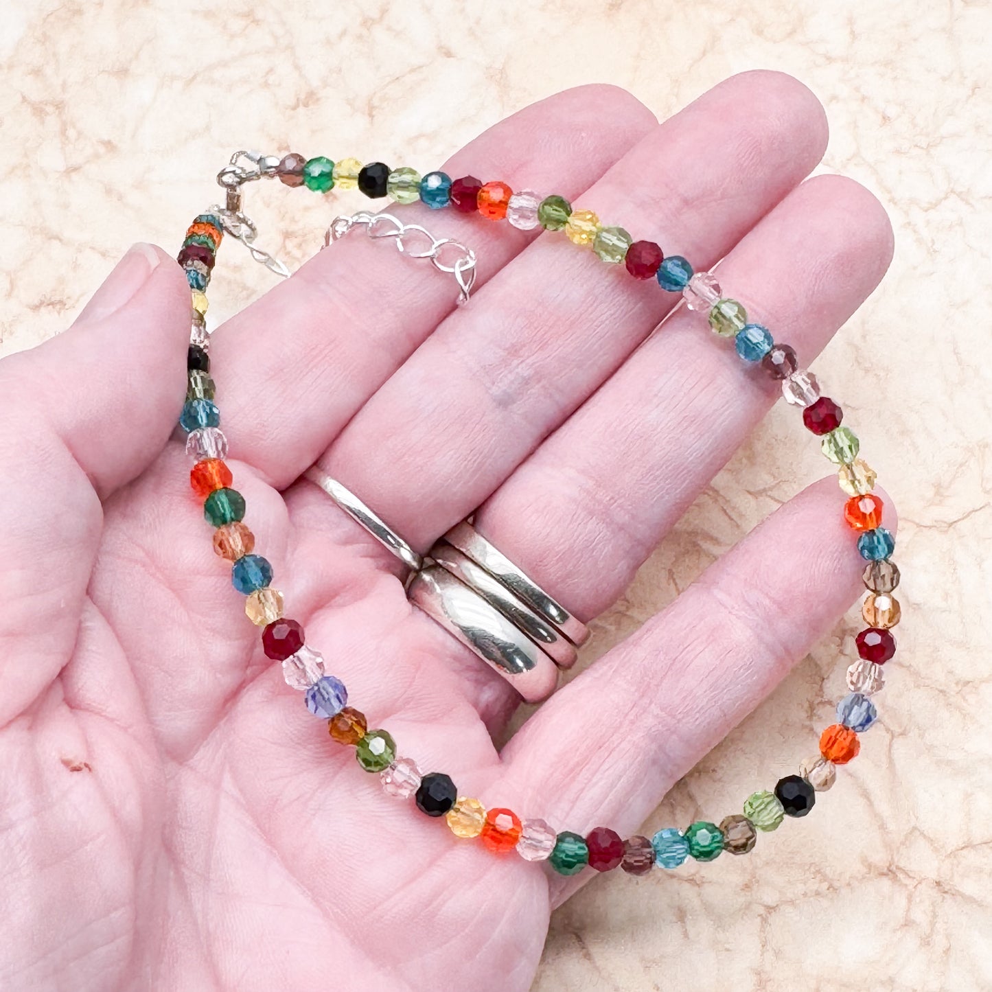 Plus Size Anklet with Multi-Colour Faceted Glass Beads, Adjustable