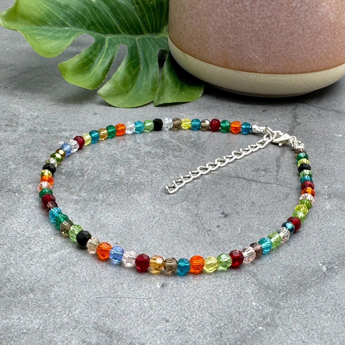 Plus Size Anklet with Multi-Colour Faceted Glass Beads, Adjustable