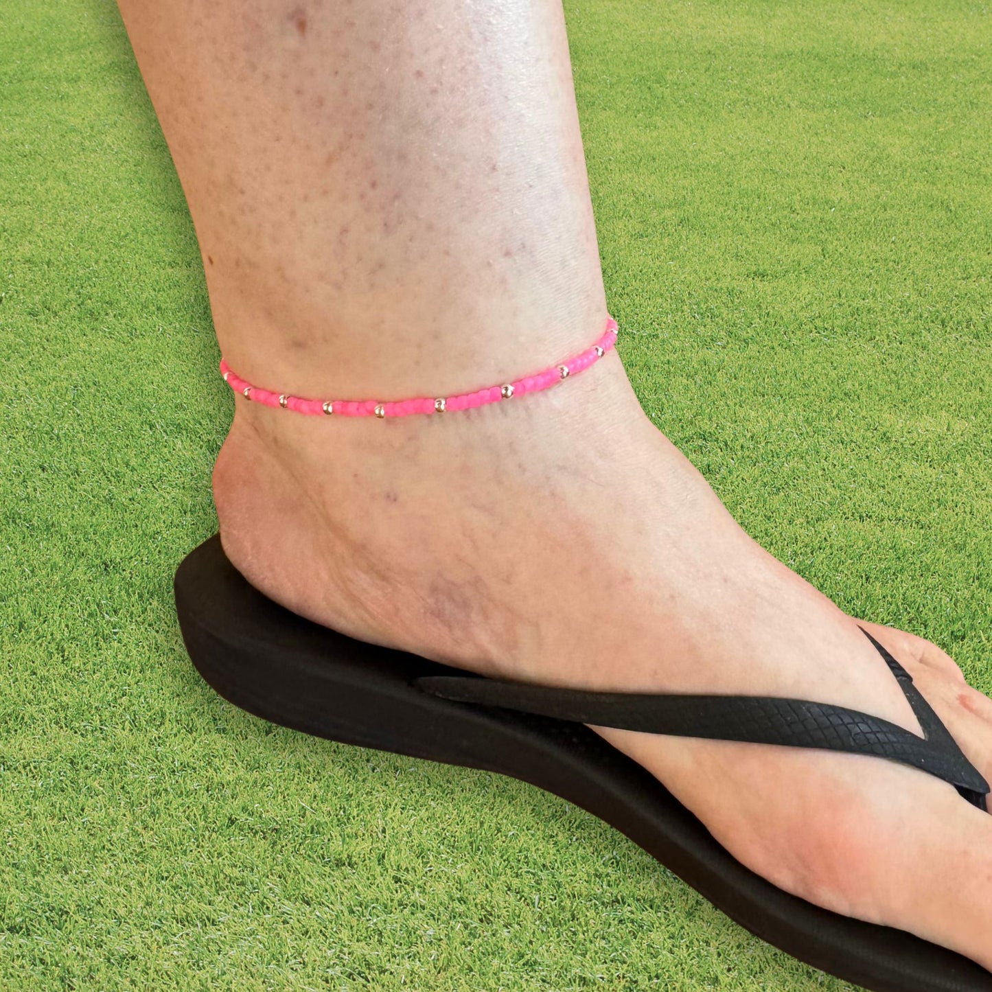 Plus Size Anklet with Hot Pink Toho 3mm Glass Seed Beads, Adjustable