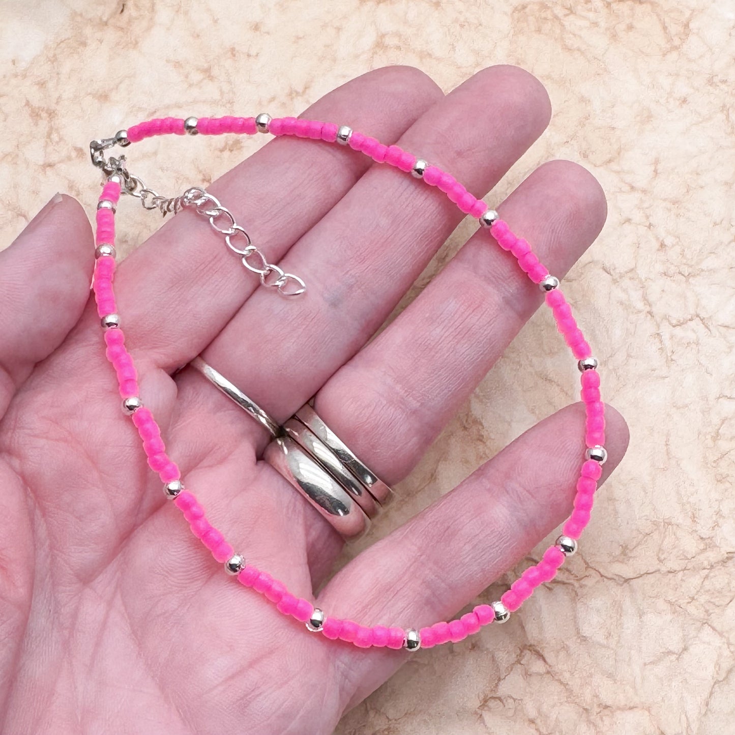 Plus Size Anklet with Hot Pink Toho 3mm Glass Seed Beads, Adjustable