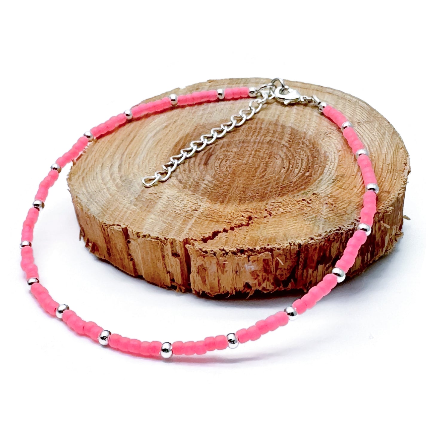 Plus Size Anklet with Hot Pink Toho 3mm Glass Seed Beads, Adjustable