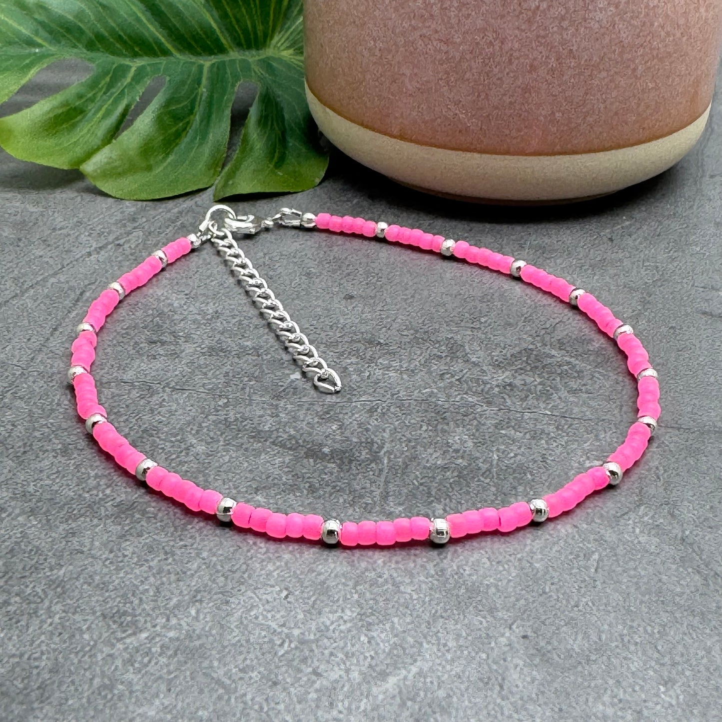 Plus Size Anklet with Hot Pink Toho 3mm Glass Seed Beads, Adjustable