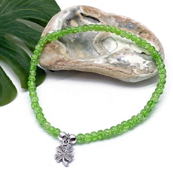 Lucky Clover Charm Green Crackle Glass Bead Anklet