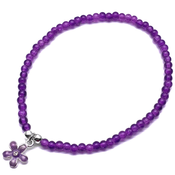 Daisy Charm Purple Crackle Glass Bead Anklet