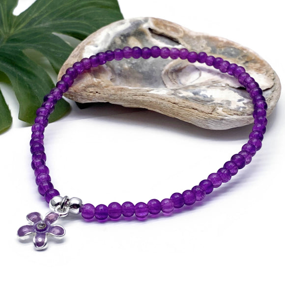 Daisy Charm Purple Crackle Glass Bead Anklet