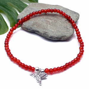 Hummingbird Charm Red Crackle Glass Bead Anklet