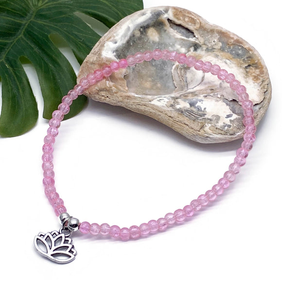 Lotus Charm Pink Crackle Glass Bead Anklet