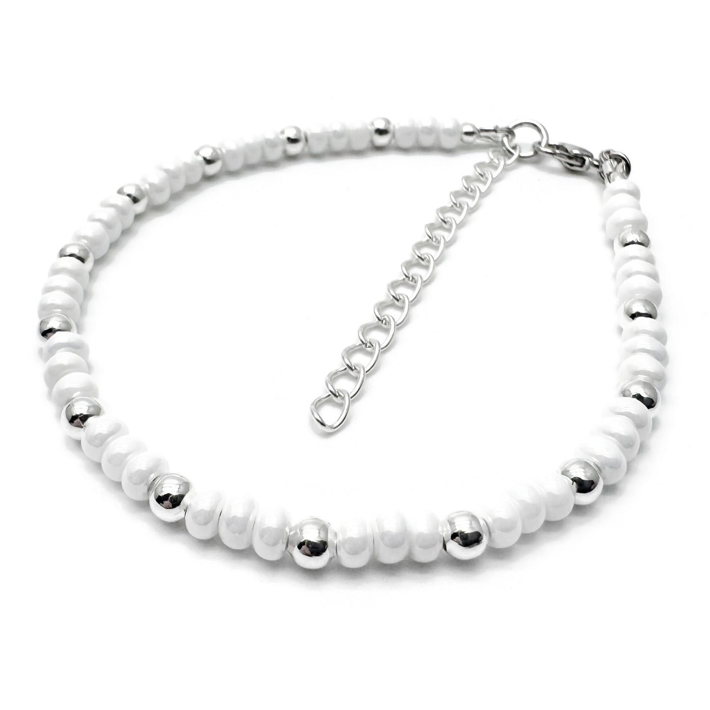 Plus Size Shimmery White Glass Bead Bracelet, Adjustable
