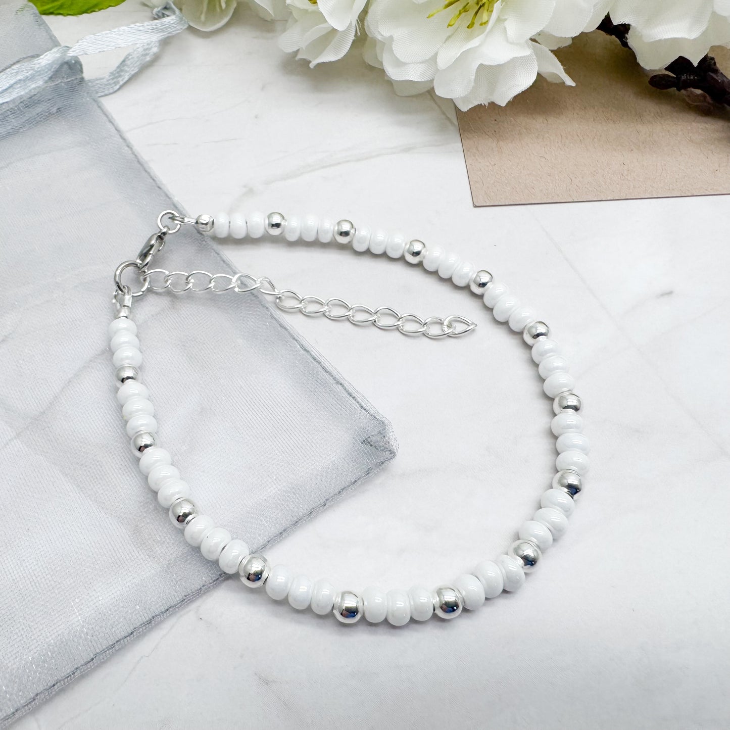 Plus Size Shimmery White Glass Bead Bracelet, Adjustable