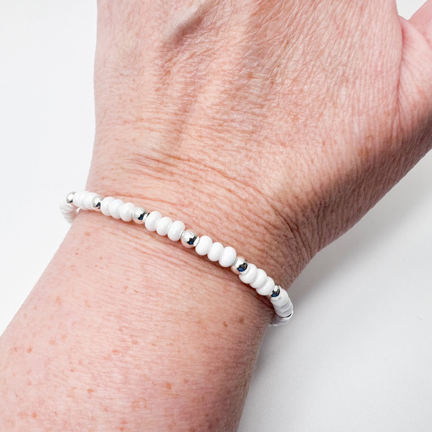 Plus Size Shimmery White Glass Bead Bracelet, Adjustable