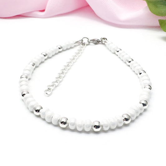 Plus Size Shimmery White Glass Bead Bracelet, Adjustable