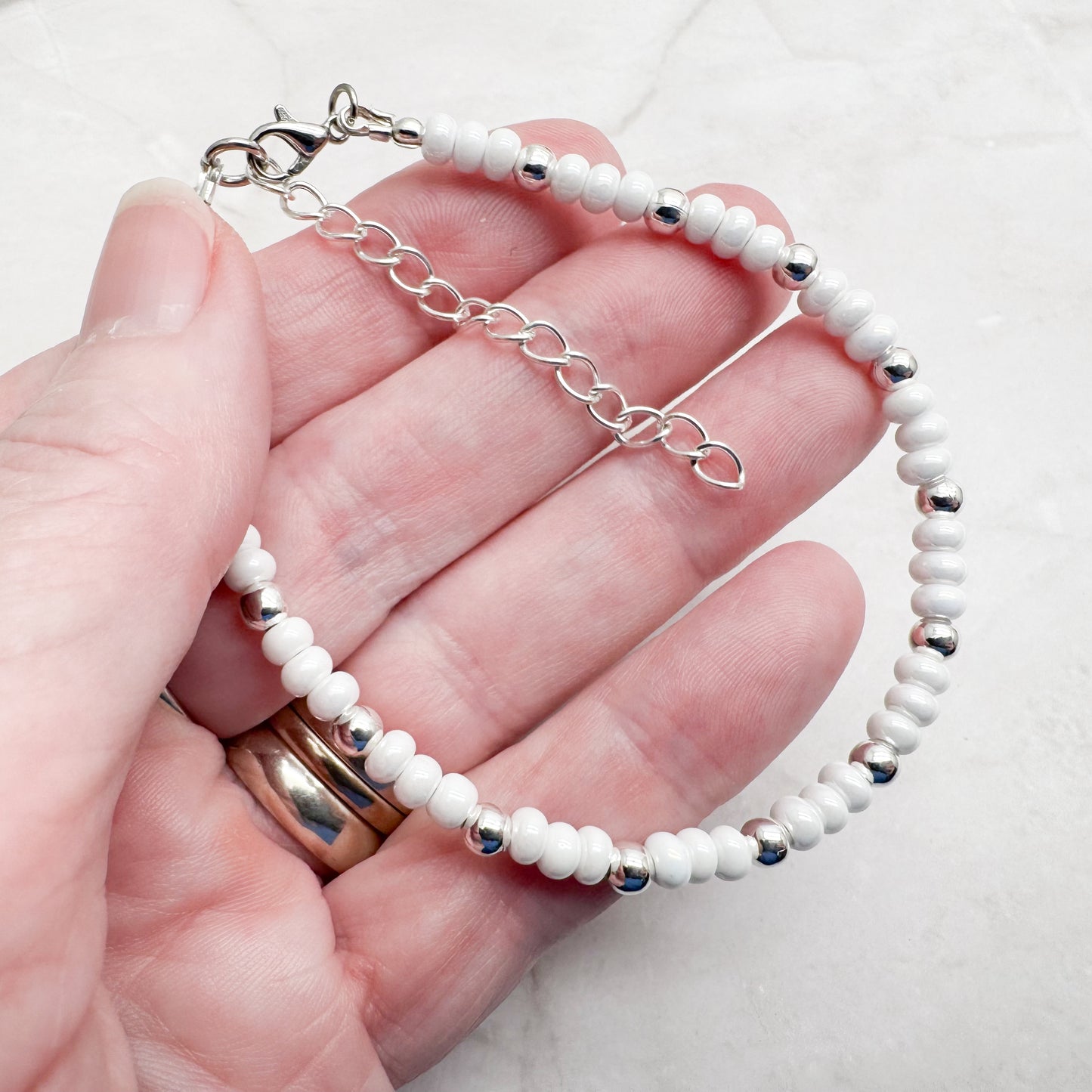 Plus Size Shimmery White Glass Bead Bracelet, Adjustable