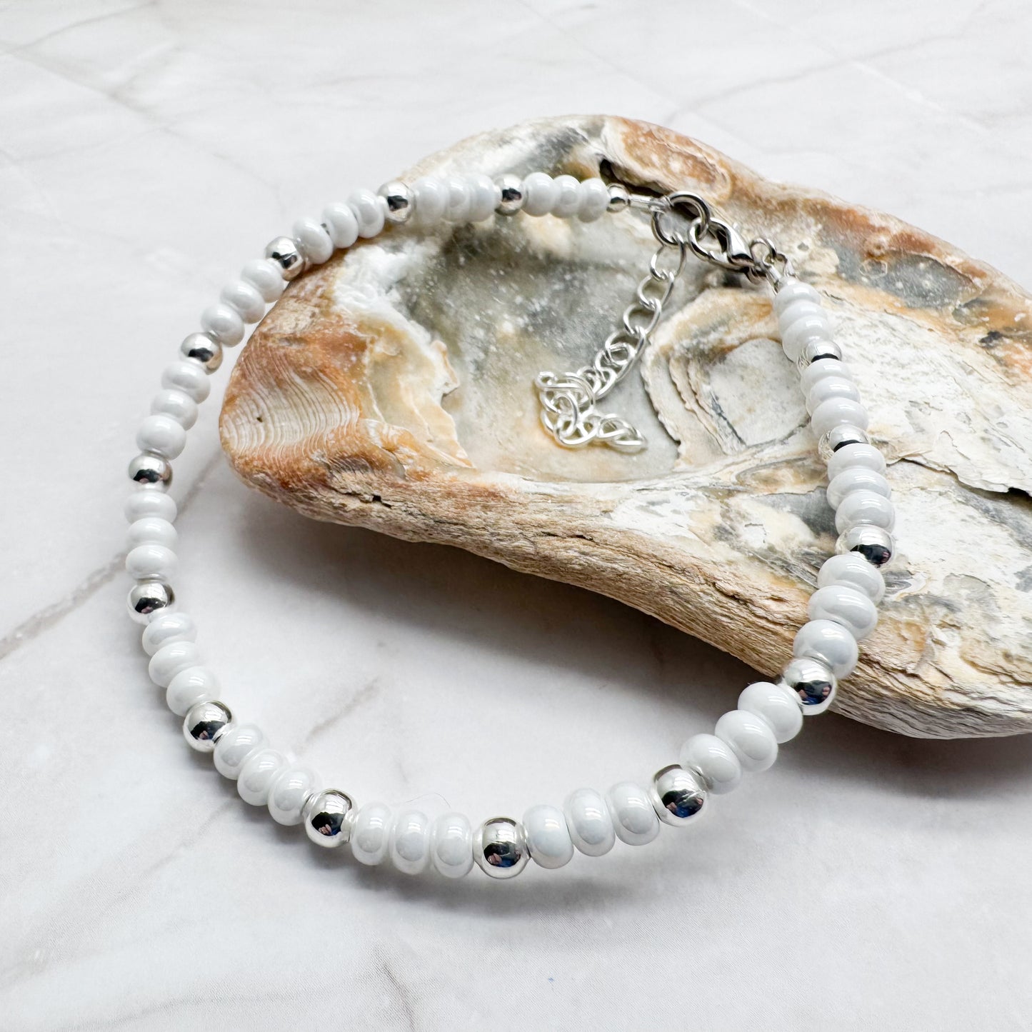 Plus Size Shimmery White Glass Bead Bracelet, Adjustable