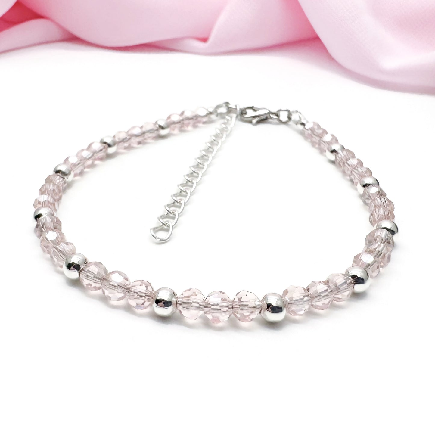 Plus Size Bracelet with Faceted Baby Pink Glass Beads, Adjustable