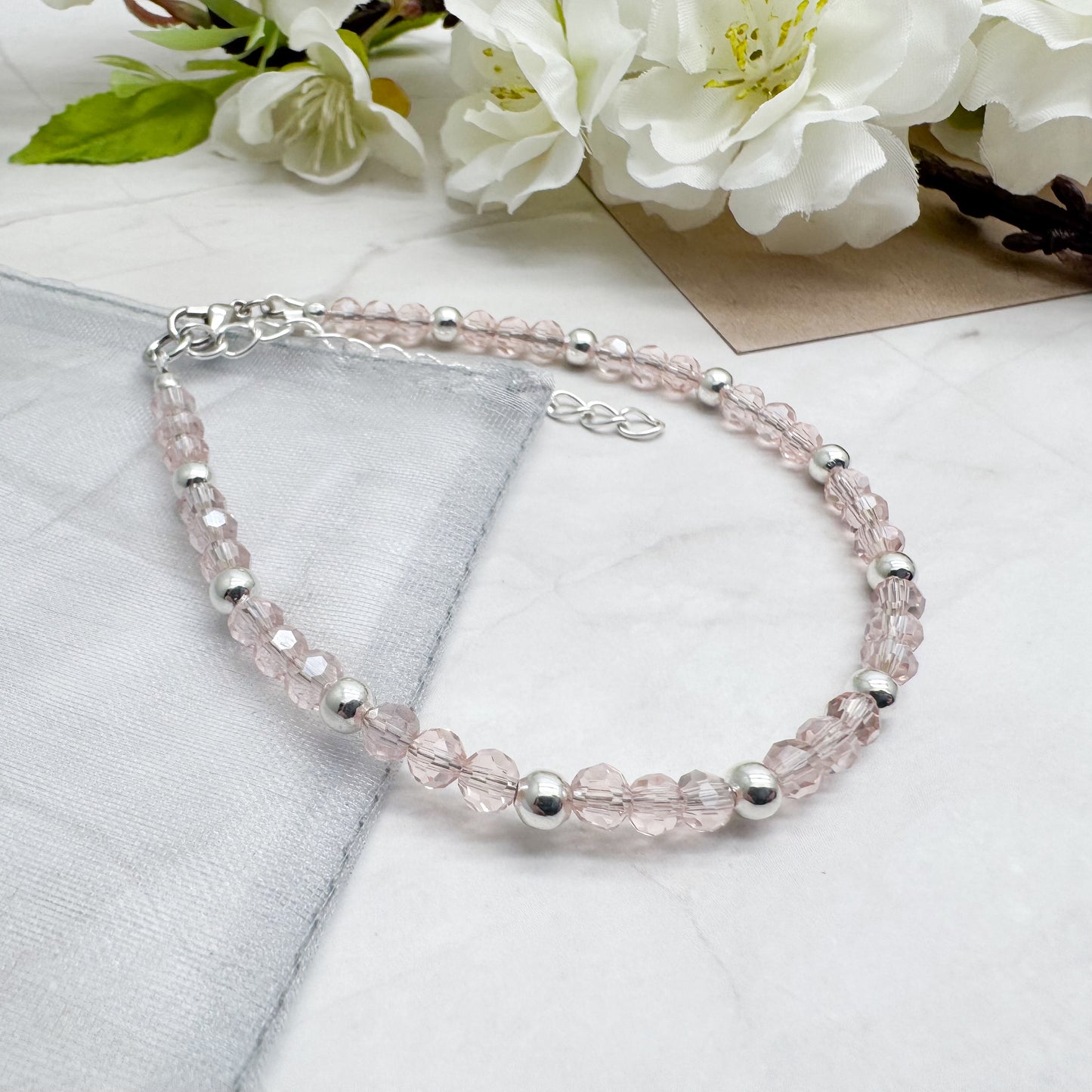 Plus Size Bracelet with Faceted Baby Pink Glass Beads, Adjustable