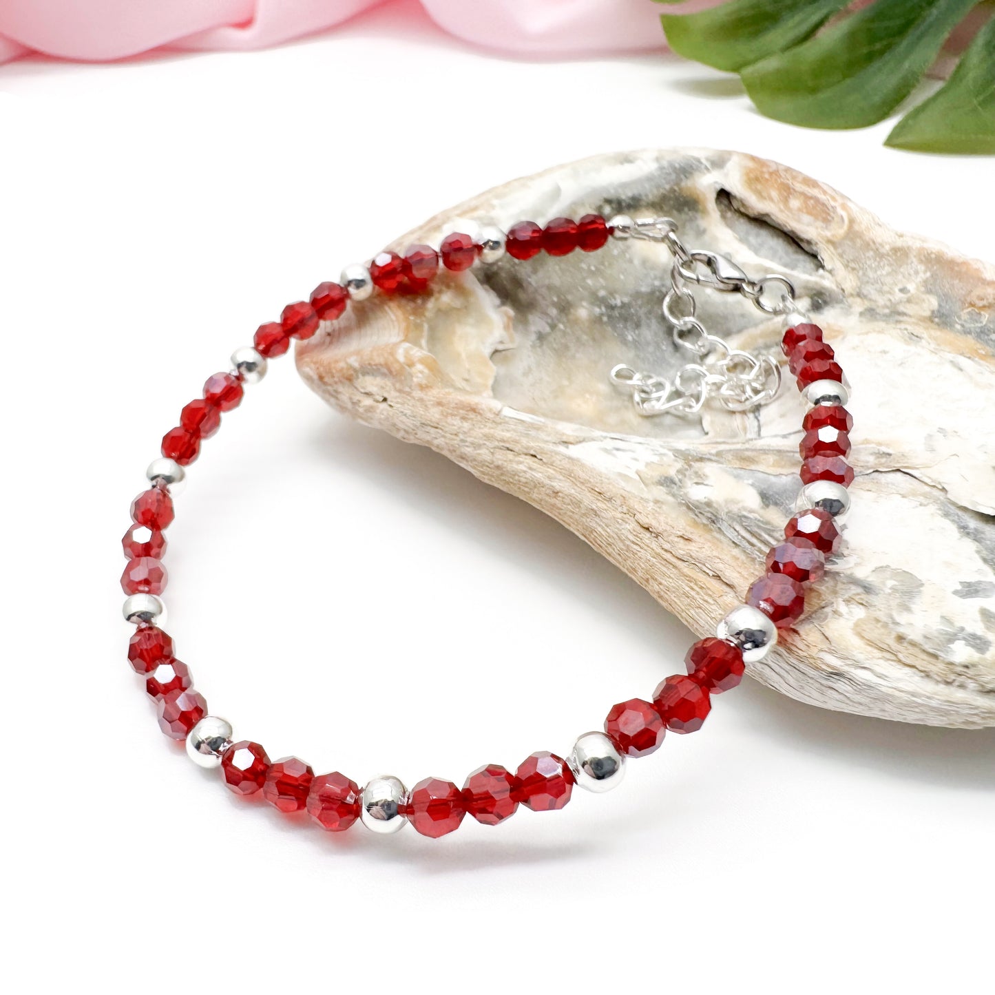 Red Plus Size Bracelet with Faceted Glass Beads, Adjustable