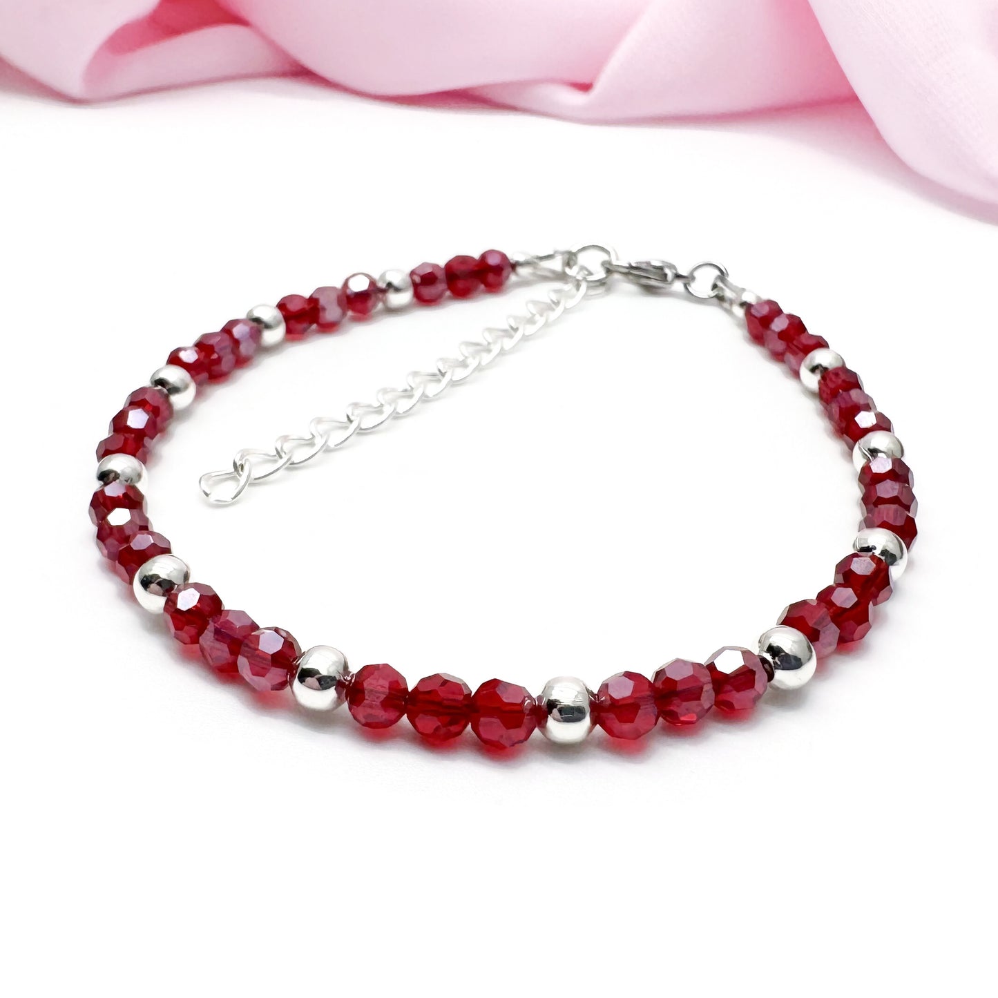 Red Plus Size Bracelet with Faceted Glass Beads, Adjustable