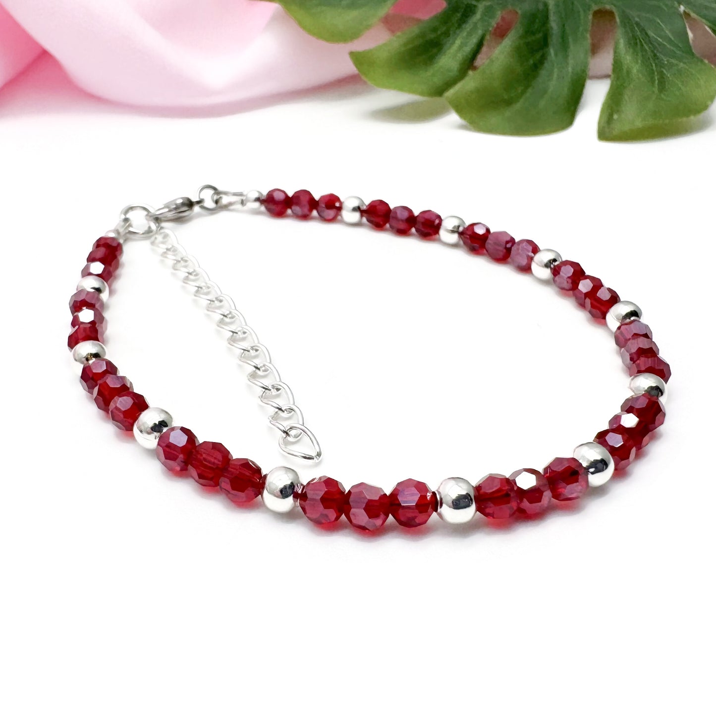 Red Plus Size Bracelet with Faceted Glass Beads, Adjustable