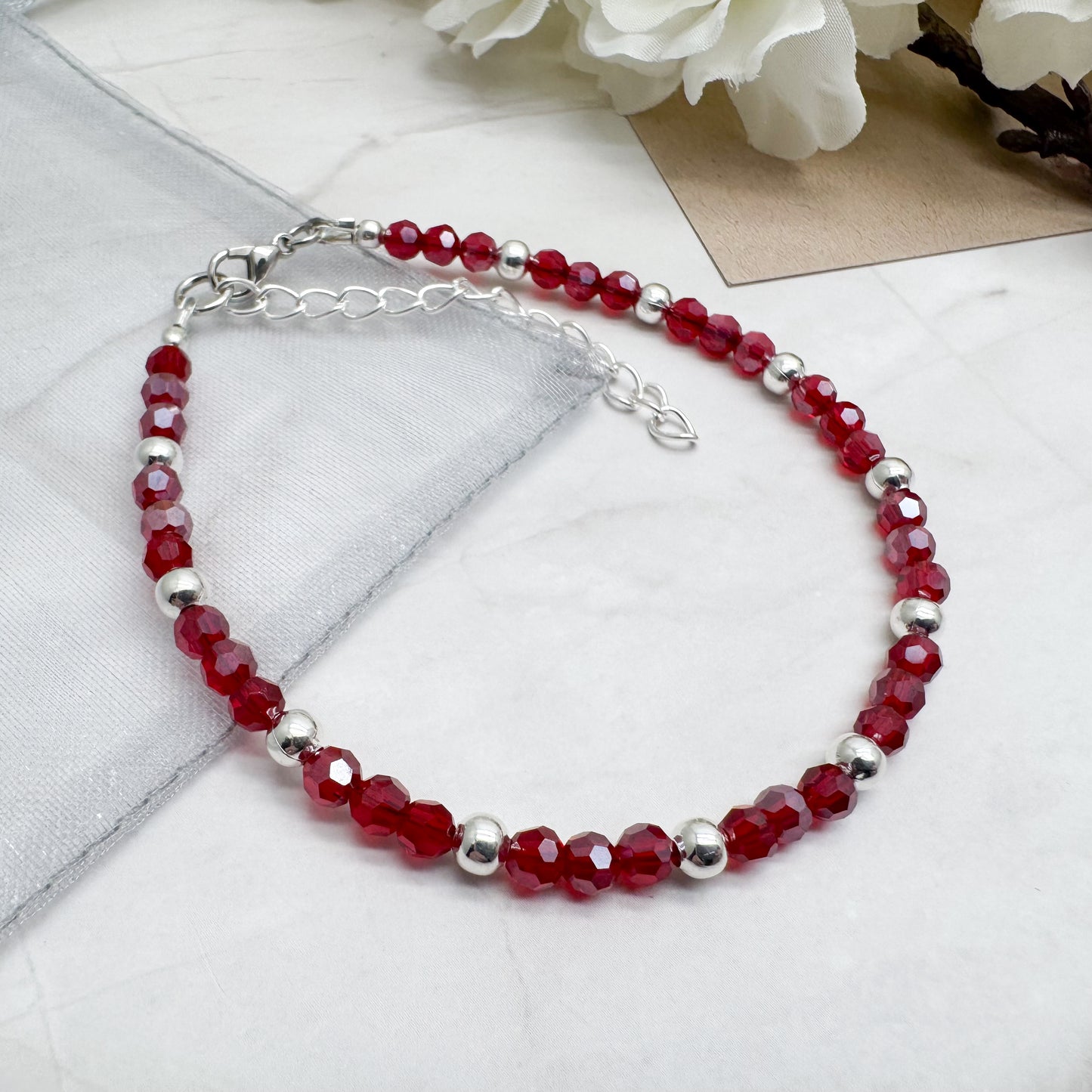 Red Plus Size Bracelet with Faceted Glass Beads, Adjustable