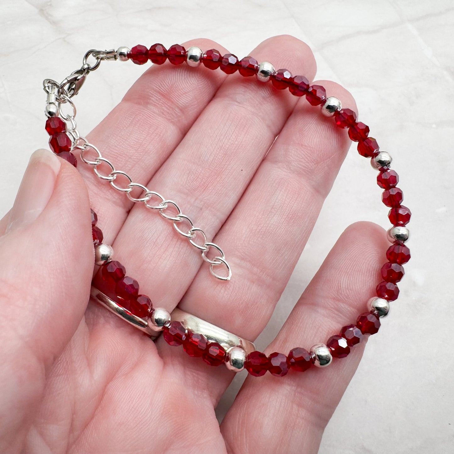 Red Plus Size Bracelet with Faceted Glass Beads, Adjustable