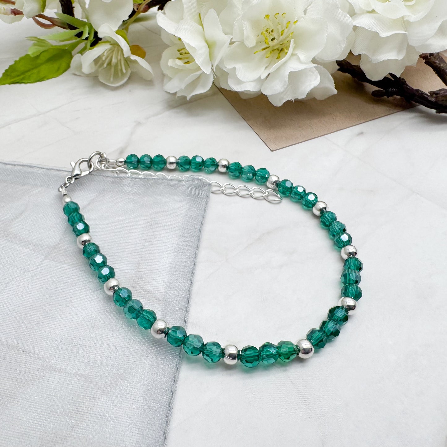 Sea Green Plus Size Bracelet with Faceted Glass Beads, Adjustable