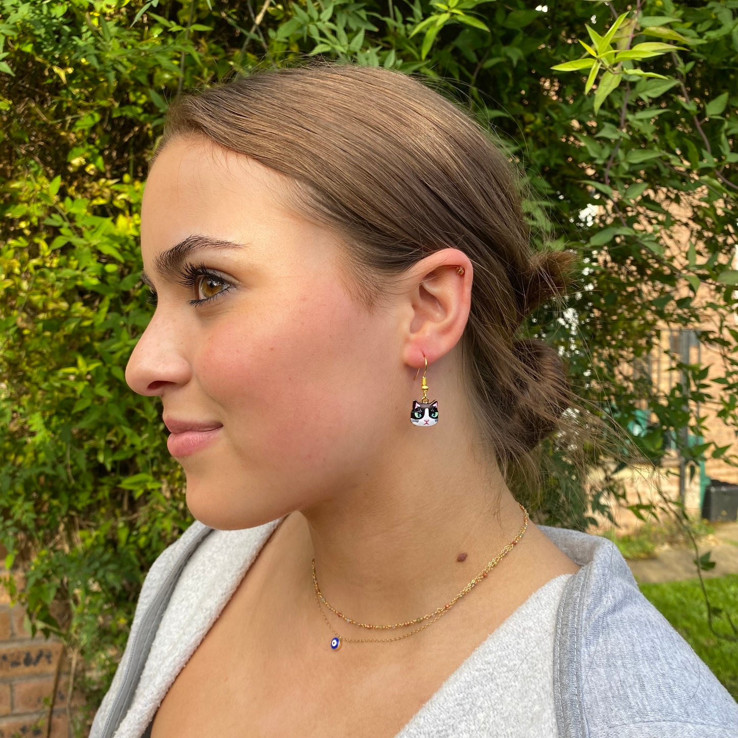 Black Kitty Cat Enamel Charm Earrings, Cute Black and White Cat Face