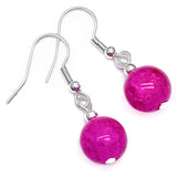 Crackle Glass Bead Earrings, Hot Pink Round Beads