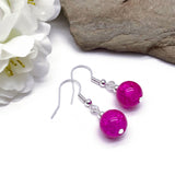 Crackle Glass Bead Earrings, Hot Pink Round Beads