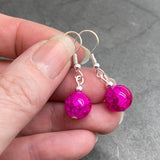 Crackle Glass Bead Earrings, Hot Pink Round Beads