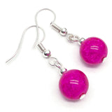 Crackle Glass Bead Earrings, Hot Pink Round Beads