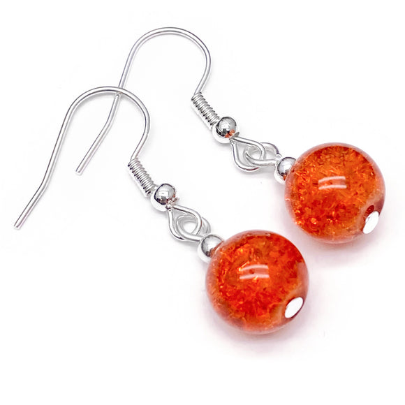 Crackle Glass Bead Earrings, Bright Orange Round Beads