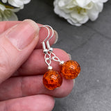 Crackle Glass Bead Earrings, Bright Orange Round Beads