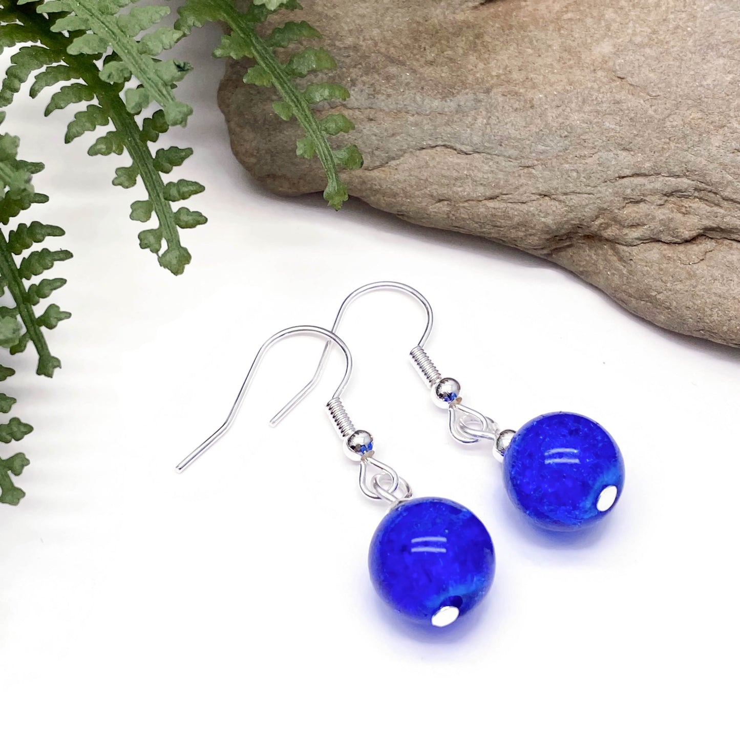 Crackle Glass Bead Earrings, Royal Blue Round Beads