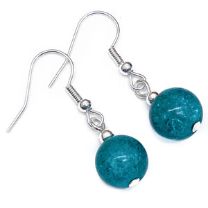 Crackle Glass Bead Earrings, Sea Green Round Beads