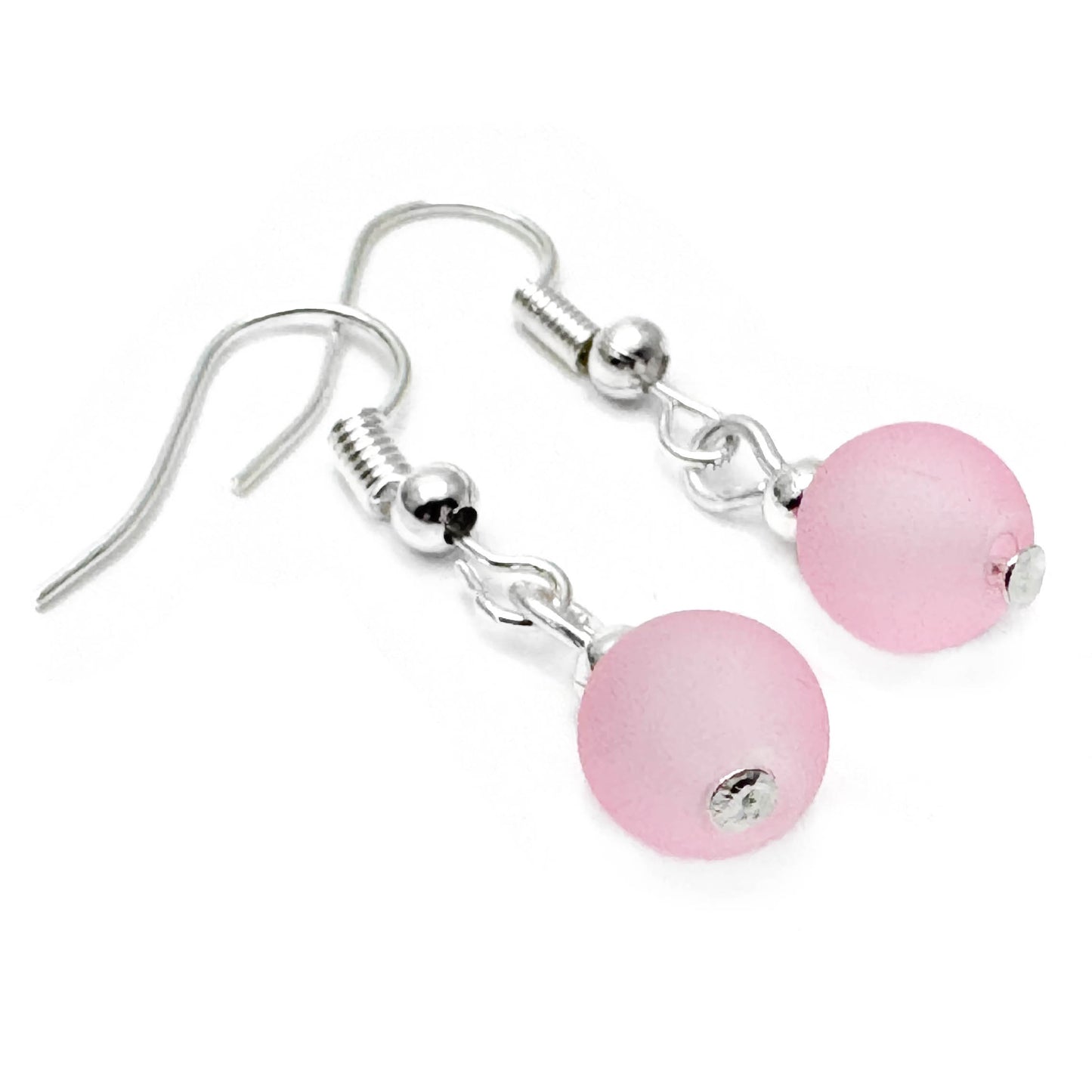 Frosted Baby Pink Glass Bead Earrings, 8mm Round Beads : 32mm