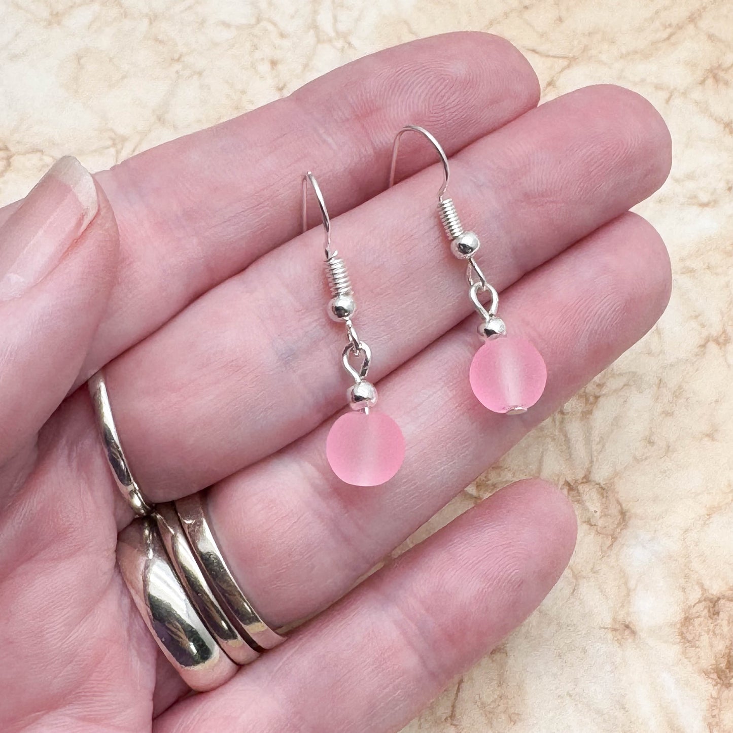 Frosted Baby Pink Glass Bead Earrings, 8mm Round Beads : 32mm