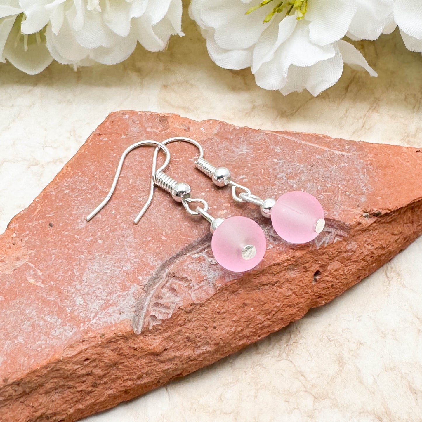 Frosted Baby Pink Glass Bead Earrings, 8mm Round Beads : 32mm