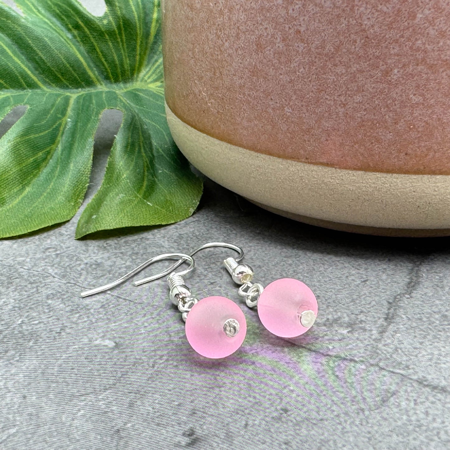 Frosted Baby Pink Glass Bead Earrings, 8mm Round Beads : 32mm
