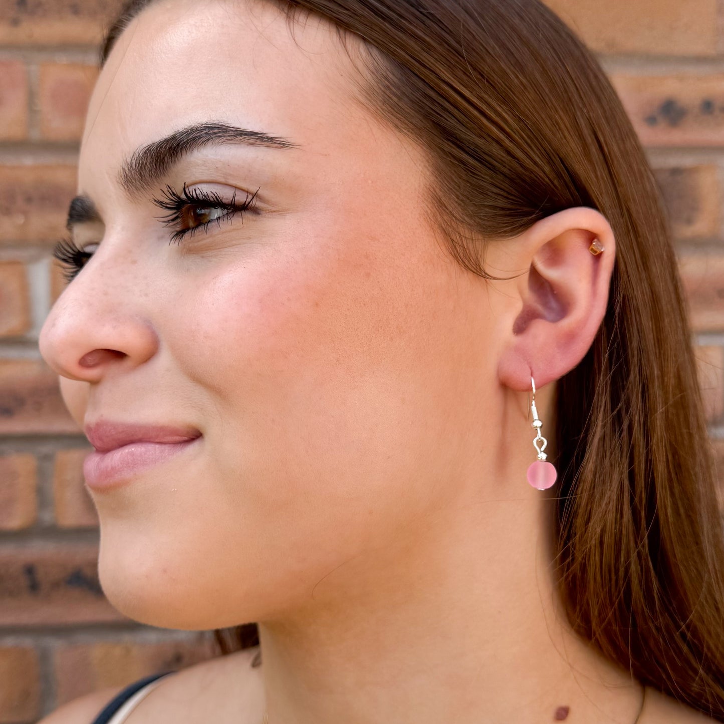 Frosted Baby Pink Glass Bead Earrings, 8mm Round Beads : 32mm